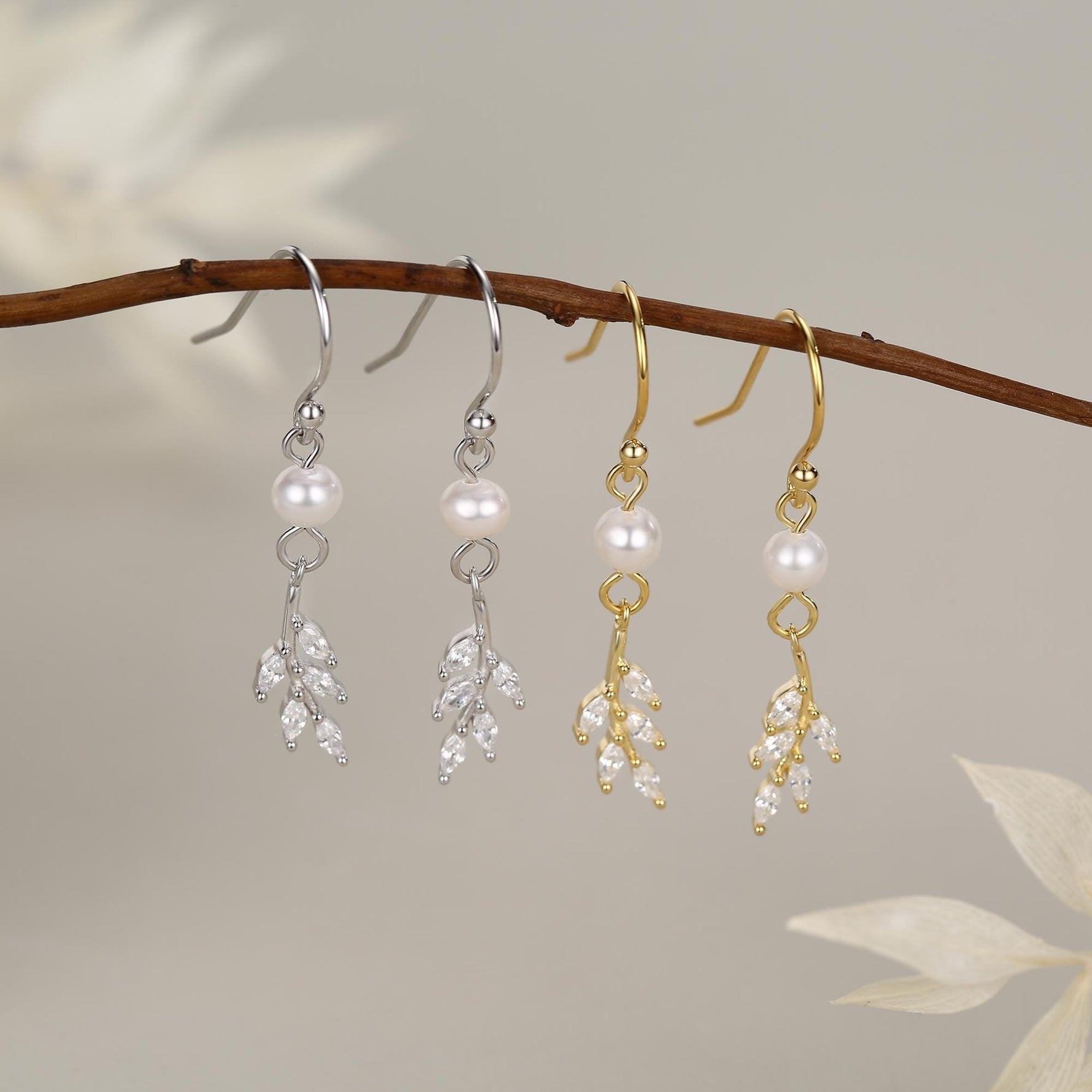 CZ Leaf Charm Drop Hook Earrings in Sterling Silver with Genuine Freshwater Pearls, Silver or Gold, Crystal Leaf Hook Earrings,Leaf Earrings