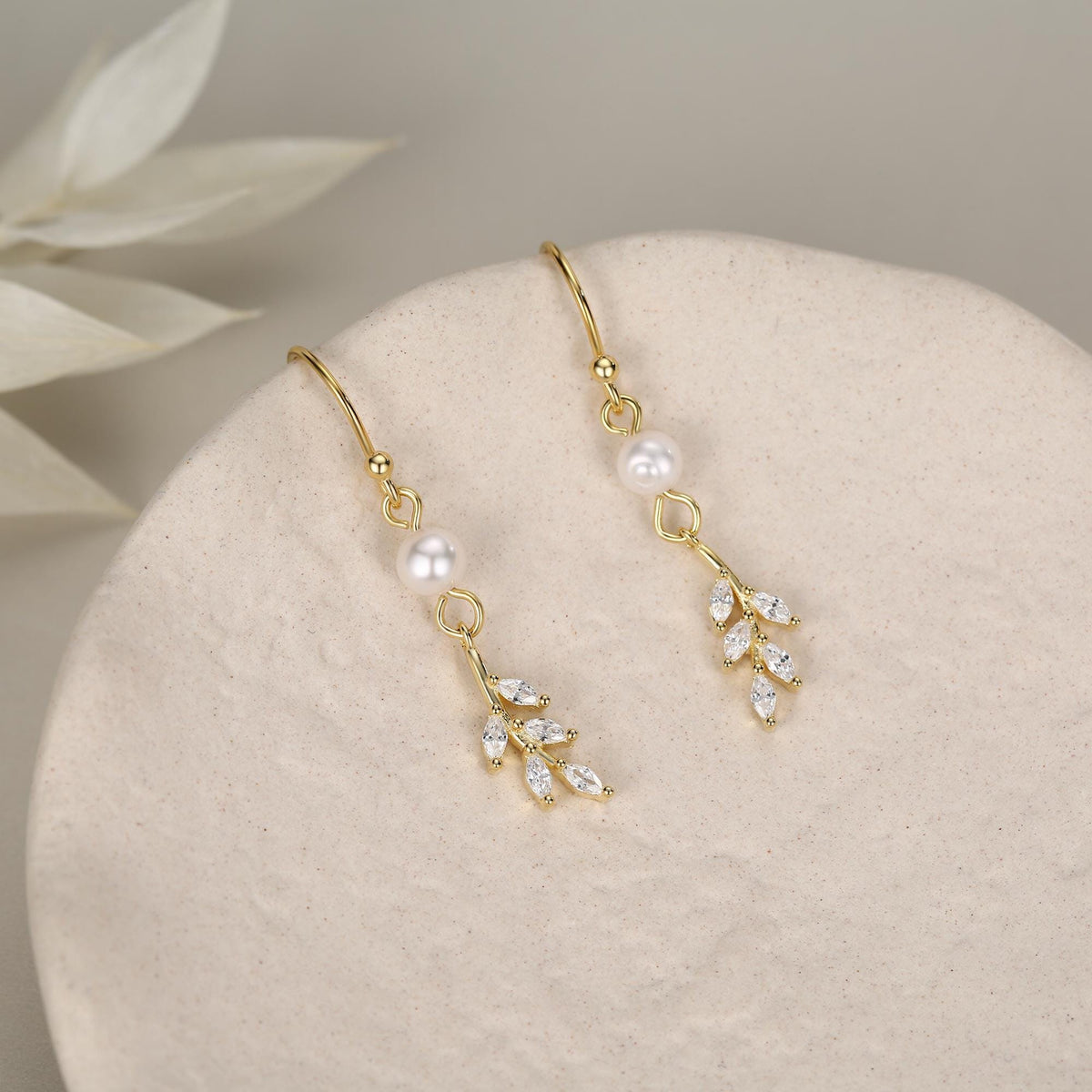 CZ Leaf Charm Drop Hook Earrings in Sterling Silver with Genuine Freshwater Pearls, Silver or Gold, Crystal Leaf Hook Earrings,Leaf Earrings