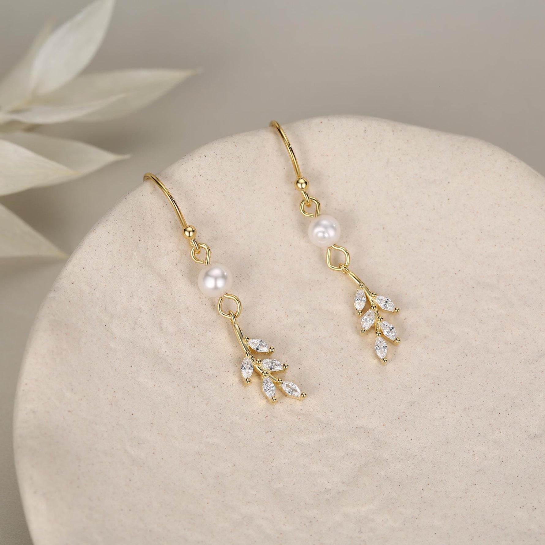 CZ Leaf Charm Drop Hook Earrings in Sterling Silver with Genuine Freshwater Pearls, Silver or Gold, Crystal Leaf Hook Earrings,Leaf Earrings