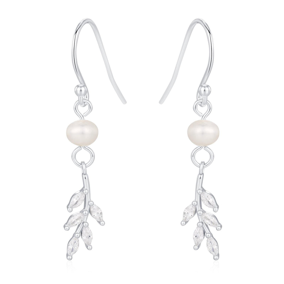 CZ Leaf Charm Drop Hook Earrings in Sterling Silver with Genuine Freshwater Pearls, Silver or Gold, Crystal Leaf Hook Earrings,Leaf Earrings