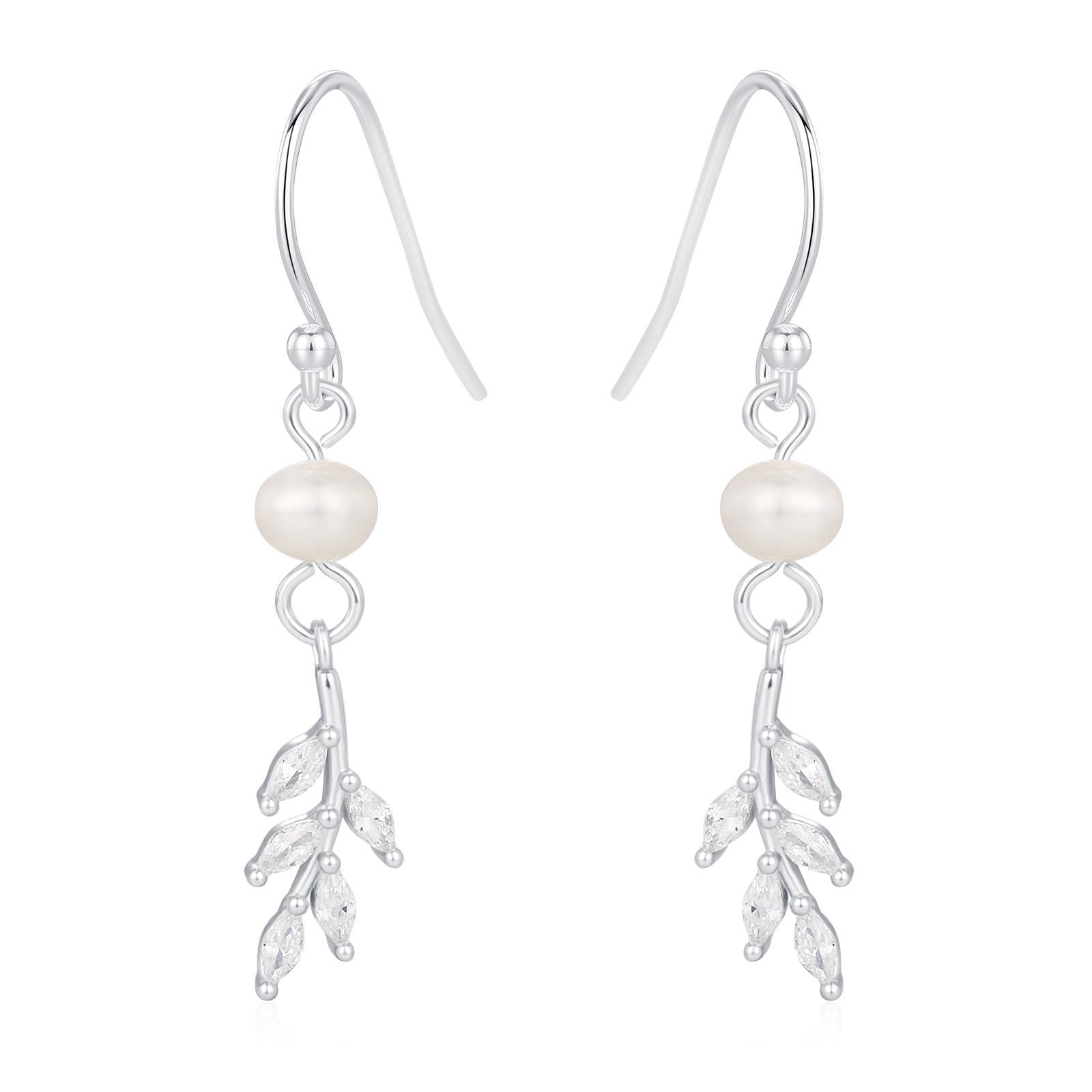 CZ Leaf Charm Drop Hook Earrings in Sterling Silver with Genuine Freshwater Pearls, Silver or Gold, Crystal Leaf Hook Earrings,Leaf Earrings