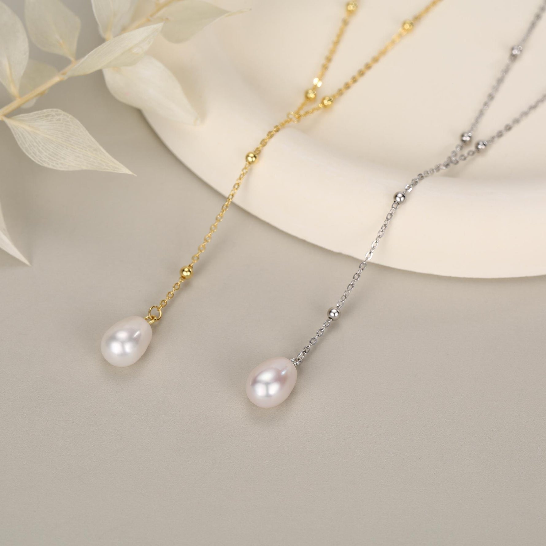 Natural Freshwater Pearl Lariat Pendant Necklace in Sterling Silver, Silver or Gold, Minimalist Genuine Freshwater Pearl Y Shape Necklace