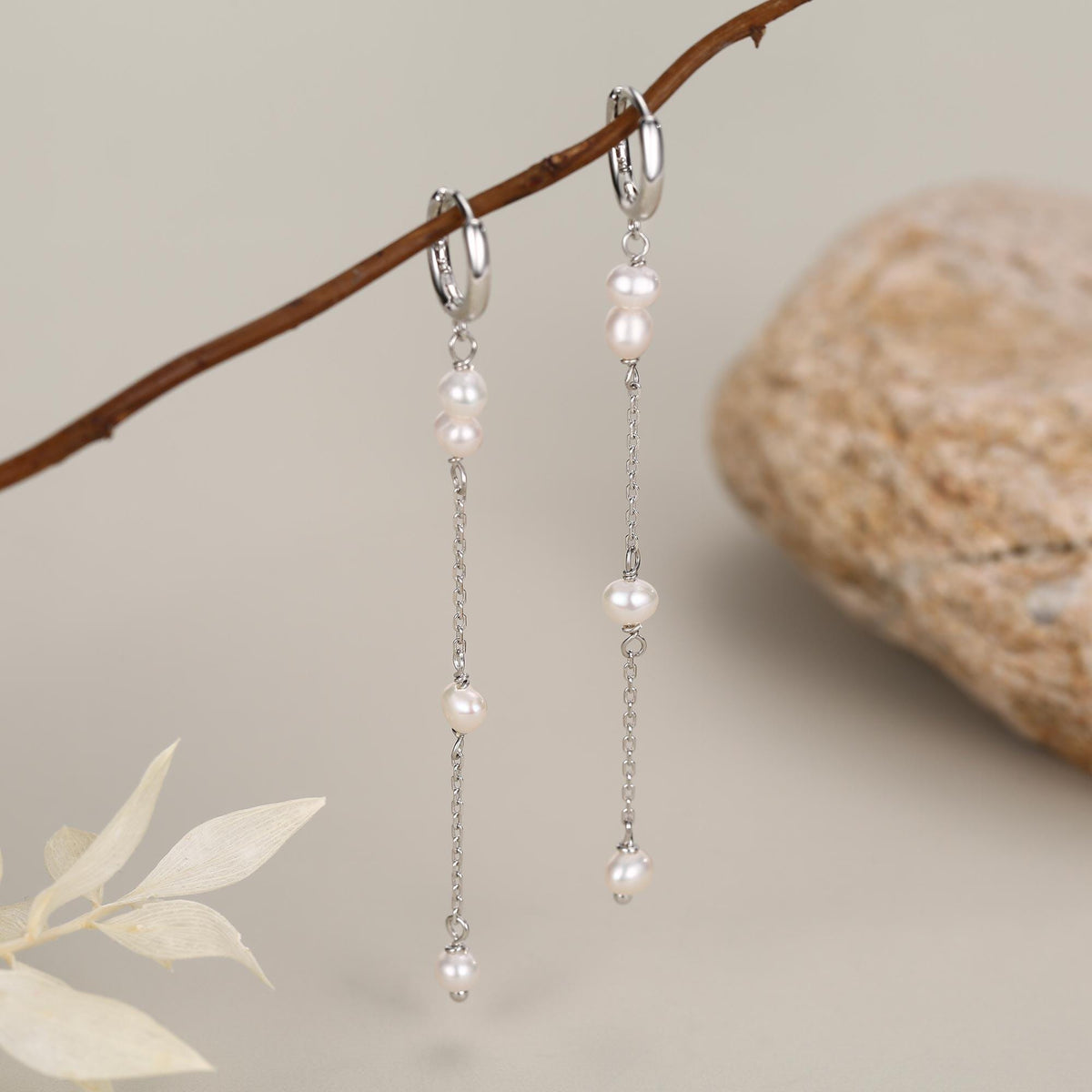 Natural Pearl Hoop Earrings in Sterling Silver, Genuine Pearl Huggie Hoops Chain Earrings, Pearl Dangle Hoops, Silver or Gold