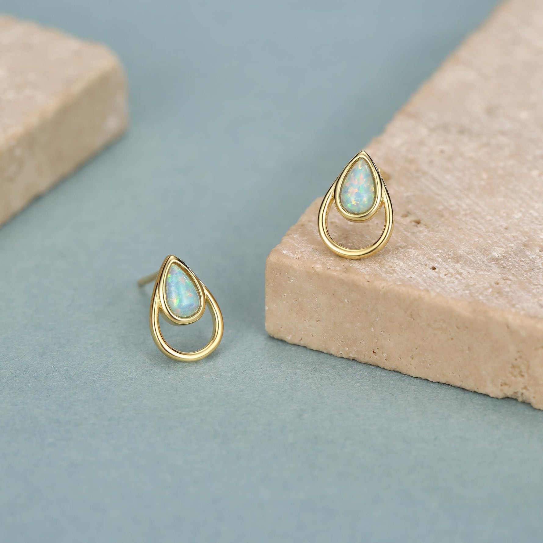 Aqua Green Opal Droplet Stud Earrings in Sterling Silver, Silver or Gold, Lab Opal Earrings, Double Droplet Stud, Pear Opal
