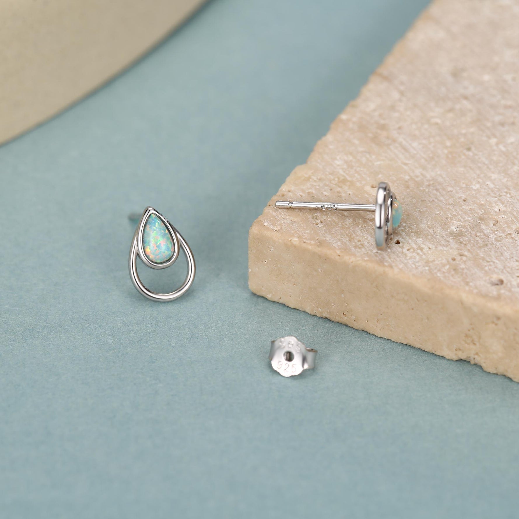 Aqua Green Opal Droplet Stud Earrings in Sterling Silver, Silver or Gold, Lab Opal Earrings, Double Droplet Stud, Pear Opal
