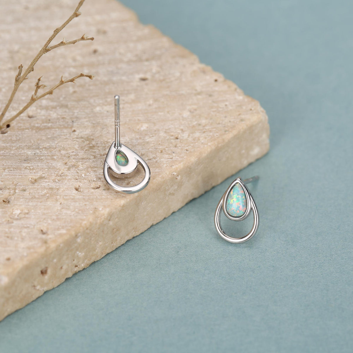 Aqua Green Opal Droplet Stud Earrings in Sterling Silver, Silver or Gold, Lab Opal Earrings, Double Droplet Stud, Pear Opal