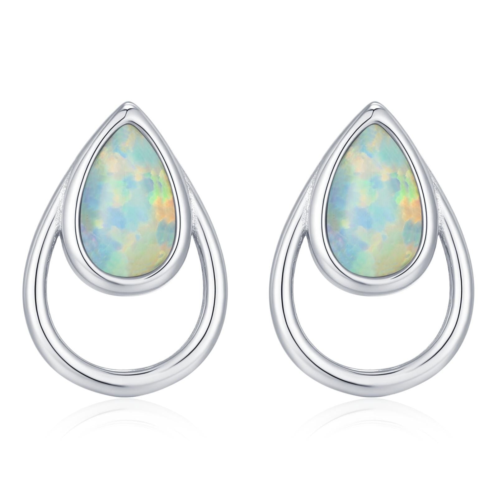Aqua Green Opal Droplet Stud Earrings in Sterling Silver, Silver or Gold, Lab Opal Earrings, Double Droplet Stud, Pear Opal
