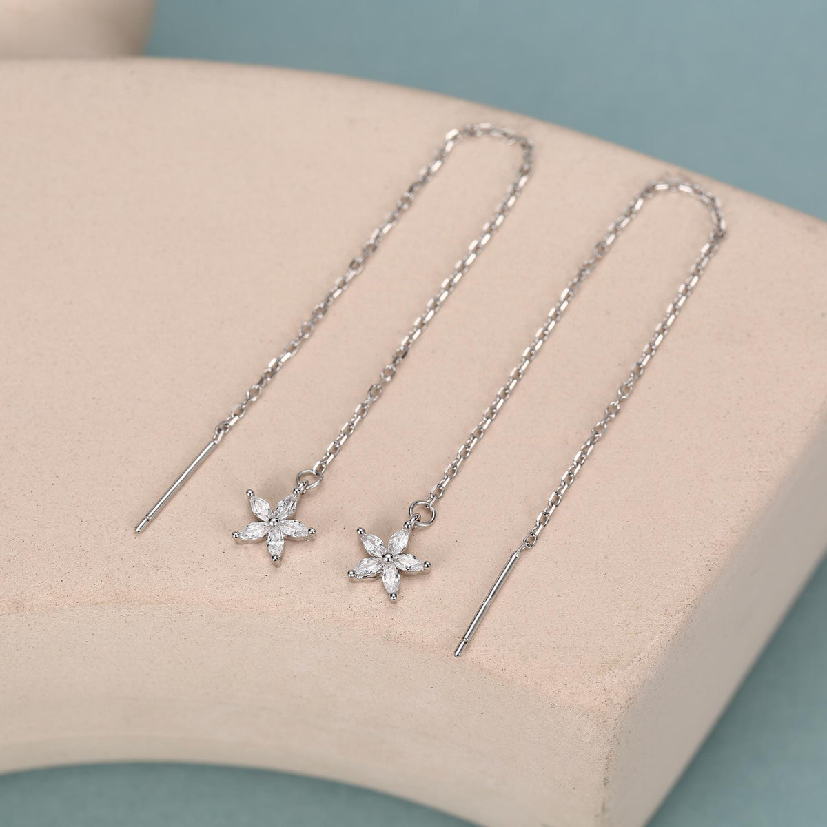 CZ Flower Threader Earrings in Sterling Silver, Silver or Gold, Forget-me-not Floral Ear Threaders, Sparkly CZ Threaders