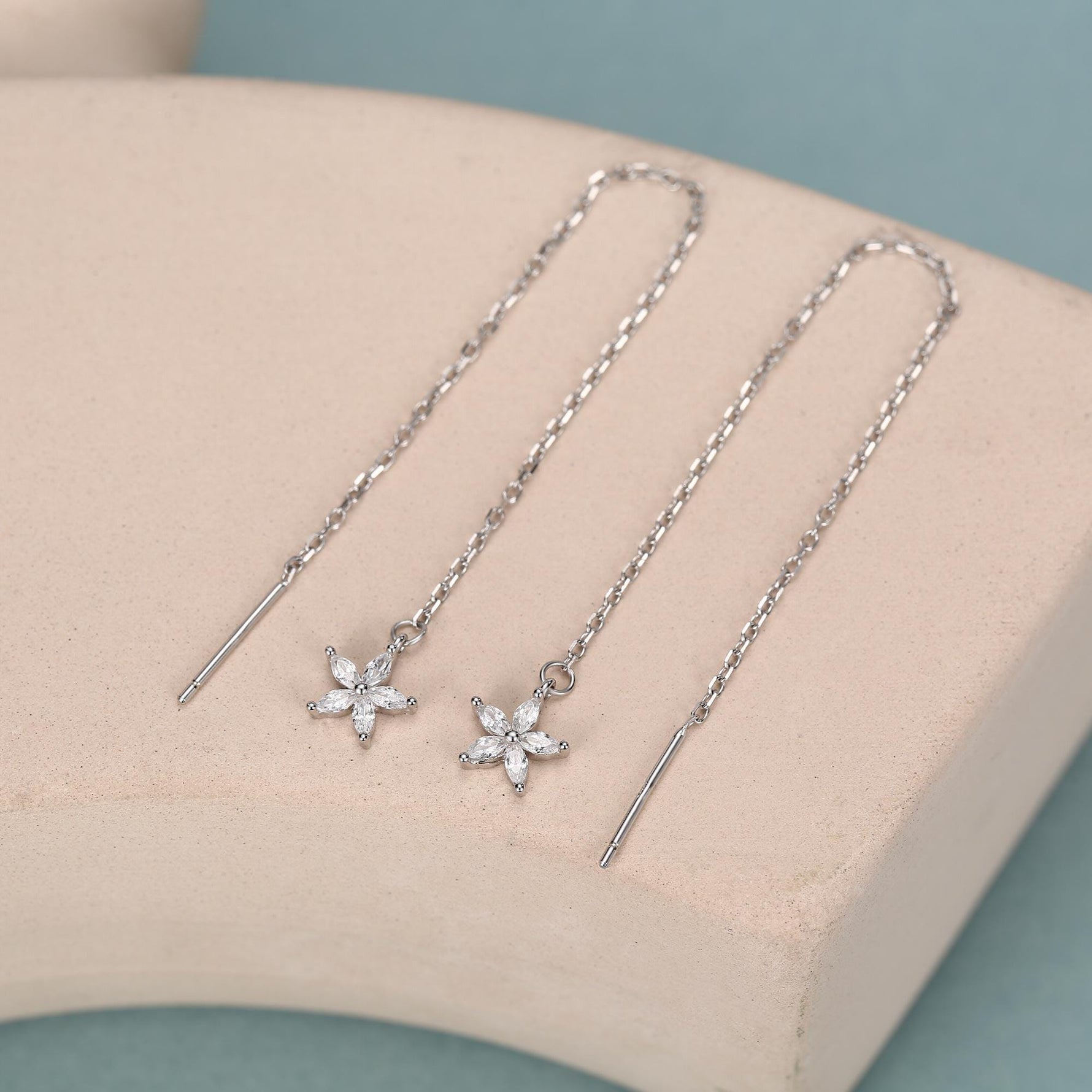 CZ Flower Threader Earrings in Sterling Silver, Silver or Gold, Forget-me-not Floral Ear Threaders, Sparkly CZ Threaders