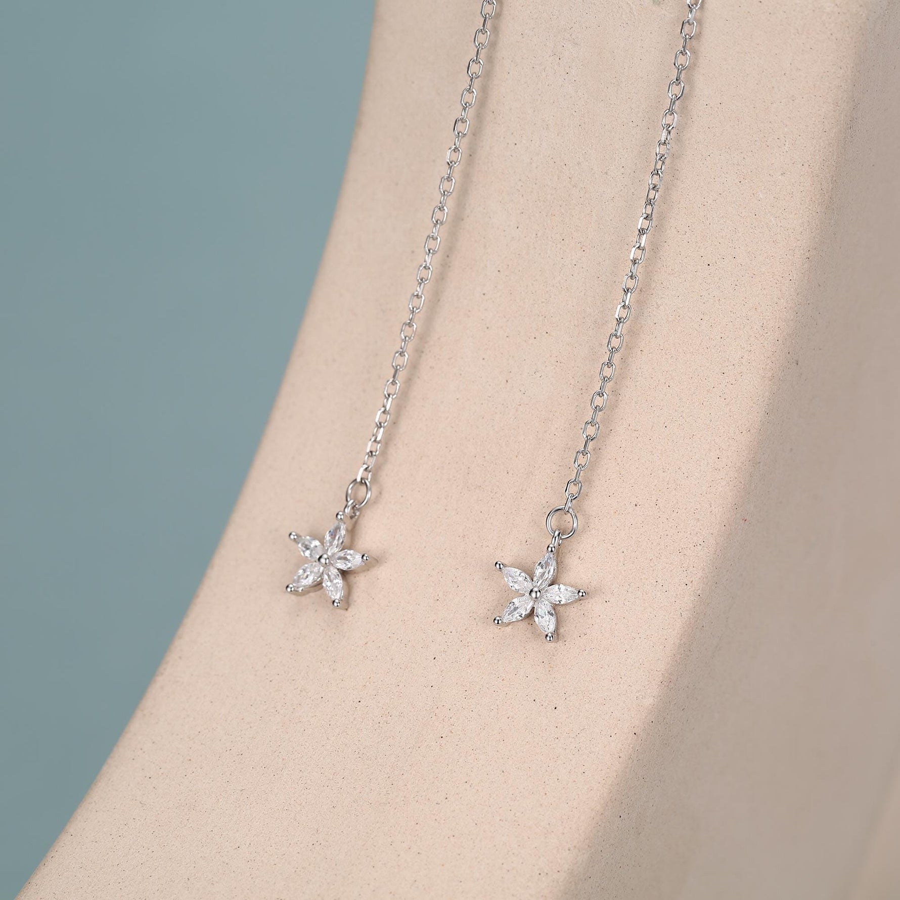 CZ Flower Threader Earrings in Sterling Silver, Silver or Gold, Forget-me-not Floral Ear Threaders, Sparkly CZ Threaders