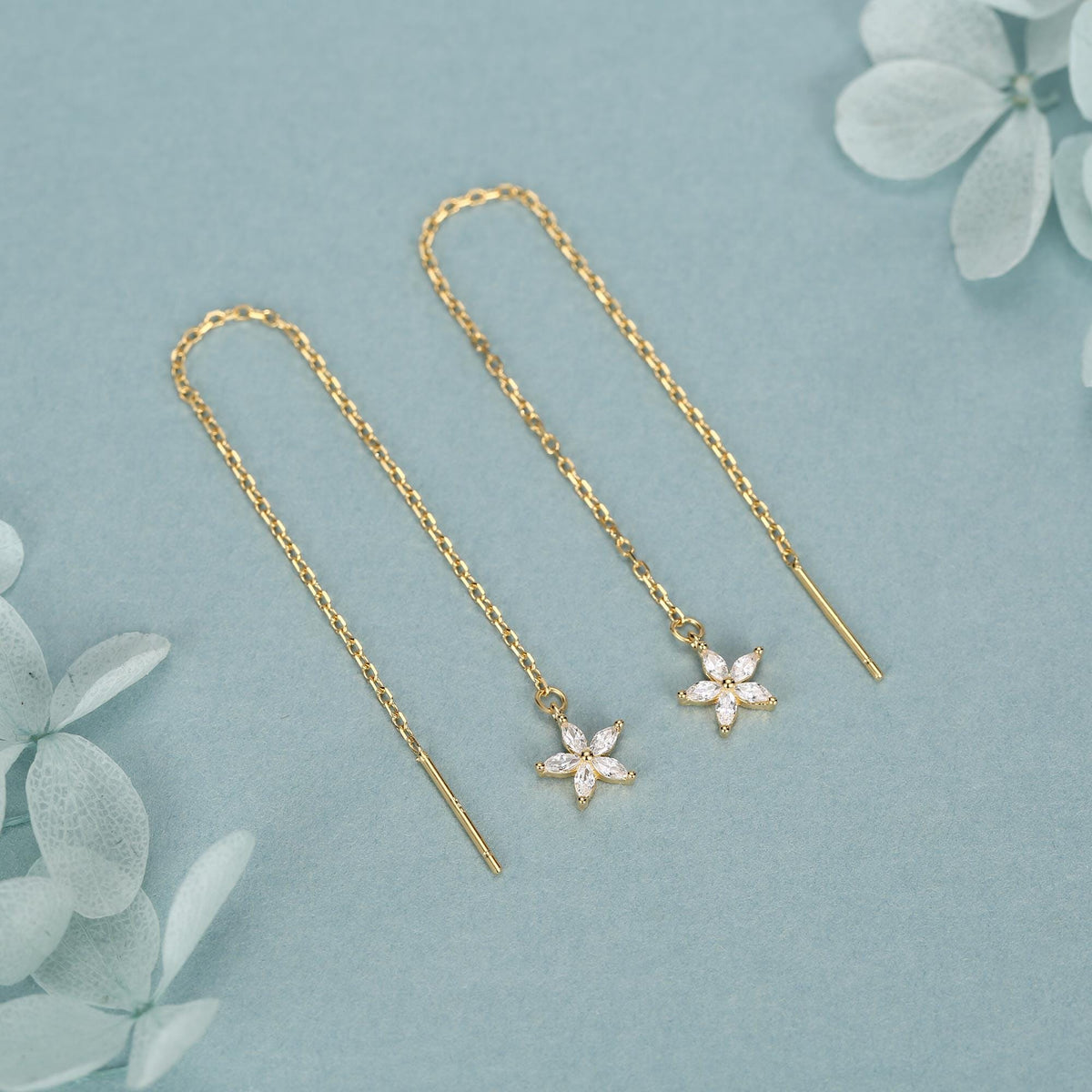CZ Flower Threader Earrings in Sterling Silver, Silver or Gold, Forget-me-not Floral Ear Threaders, Sparkly CZ Threaders