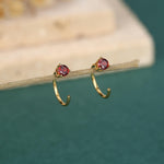 Tiny Garnet Red CZ Huggie Hoop Earrings in Sterling Silver, Red CZ Pull Through Earrings, Half Hoop, Silver or Gold, January Birthstone