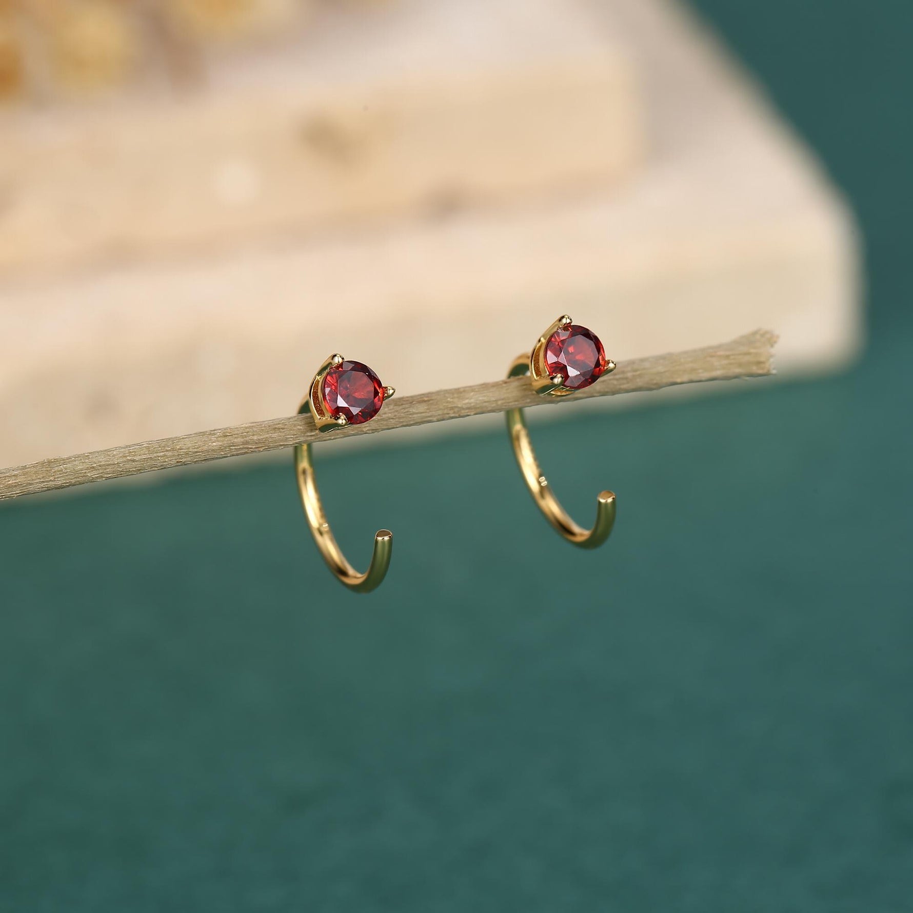 Tiny Garnet Red CZ Huggie Hoop Earrings in Sterling Silver, Red CZ Pull Through Earrings, Half Hoop, Silver or Gold, January Birthstone