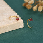 Tiny Garnet Red CZ Huggie Hoop Earrings in Sterling Silver, Red CZ Pull Through Earrings, Half Hoop, Silver or Gold, January Birthstone