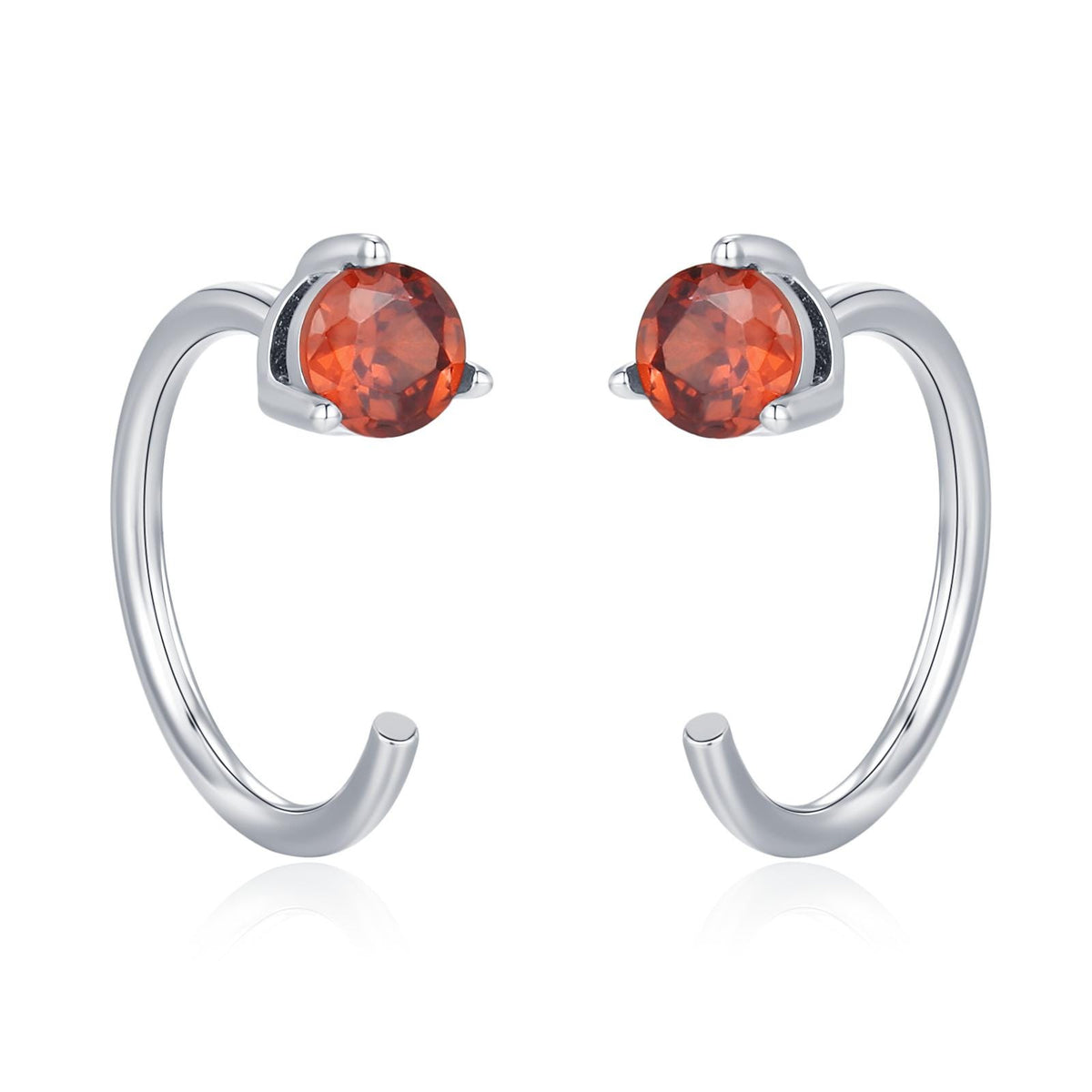 Tiny Garnet Red CZ Huggie Hoop Earrings in Sterling Silver, Red CZ Pull Through Earrings, Half Hoop, Silver or Gold, January Birthstone