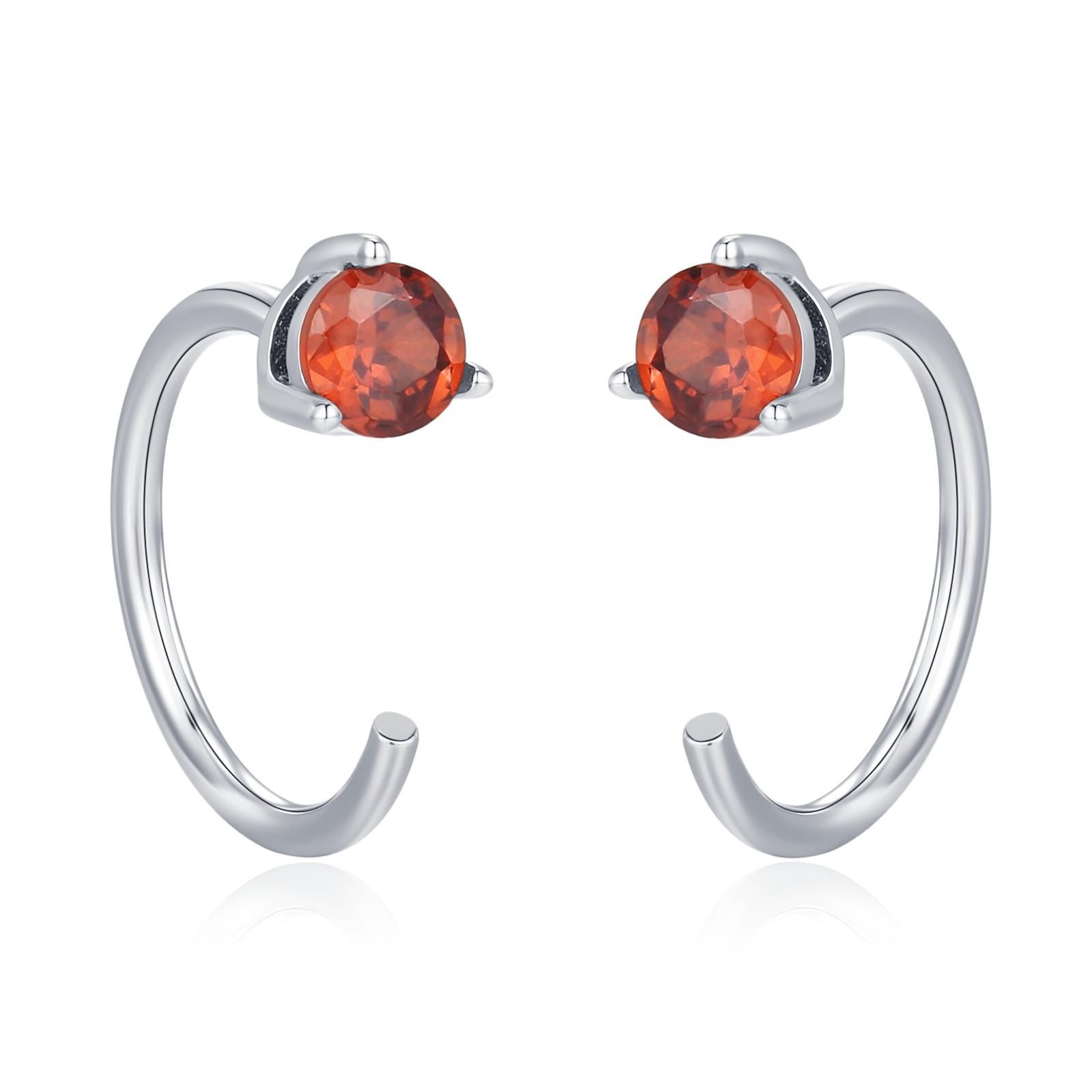 Tiny Garnet Red CZ Huggie Hoop Earrings in Sterling Silver, Red CZ Pull Through Earrings, Half Hoop, Silver or Gold, January Birthstone