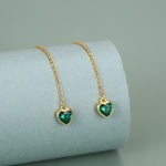Tiny Emerald Green CZ Heart Threader Earrings in Sterling Silver, 9cm, Silver or Gold , Dainty Heart Ear Threaders, Delicate Heart Threaders