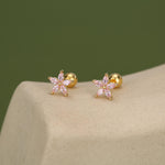 Sterling Silver Tourmaline Pink CZ Flower 18G Screw Back Earrings