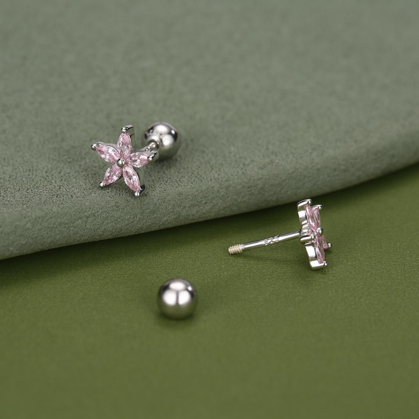Sterling Silver Tourmaline Pink CZ Flower 18G Screw Back Earrings