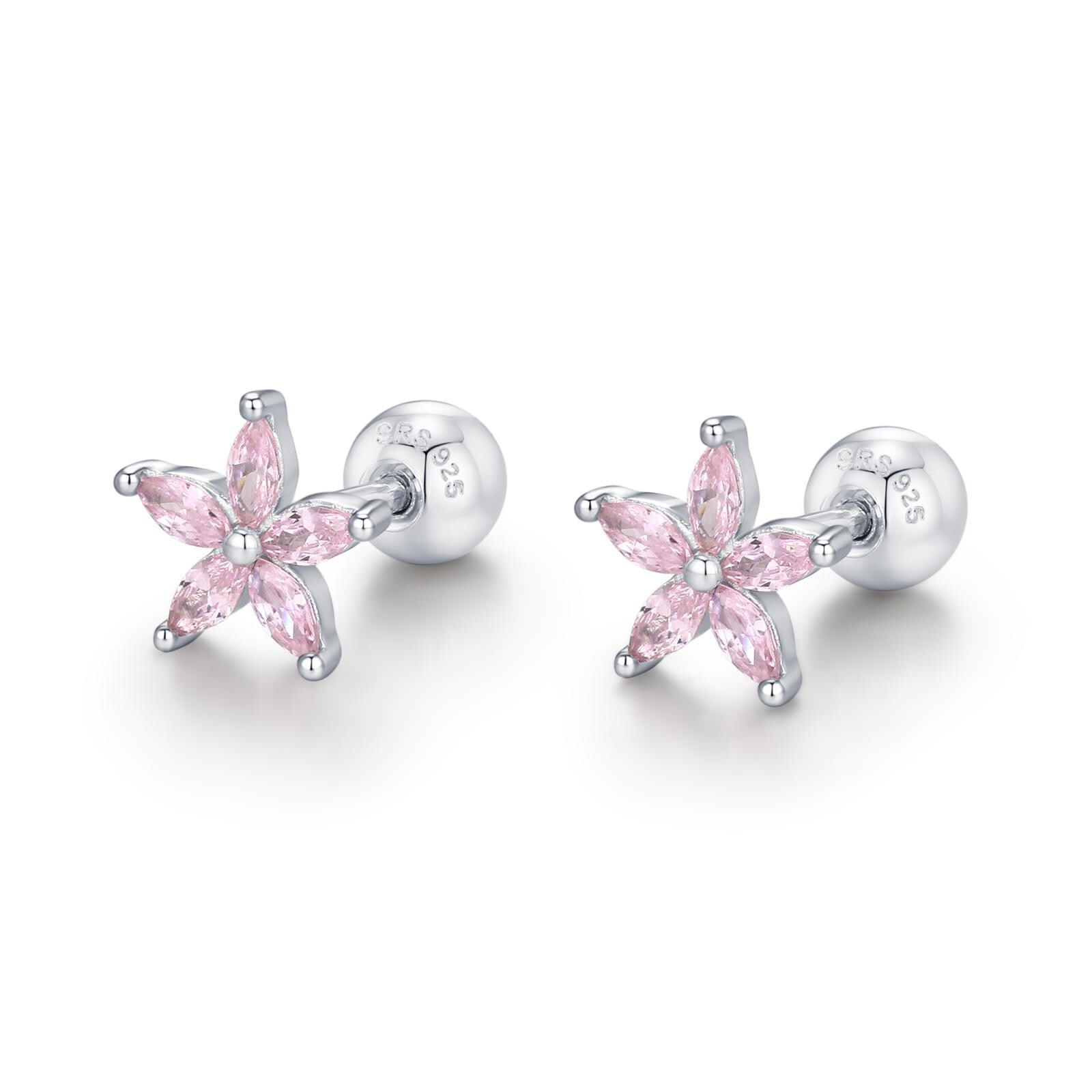 Sterling Silver Tourmaline Pink CZ Flower 18G Screw Back Earrings