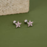 Sterling Silver Tourmaline Pink CZ Flower 18G Screw Back Earrings
