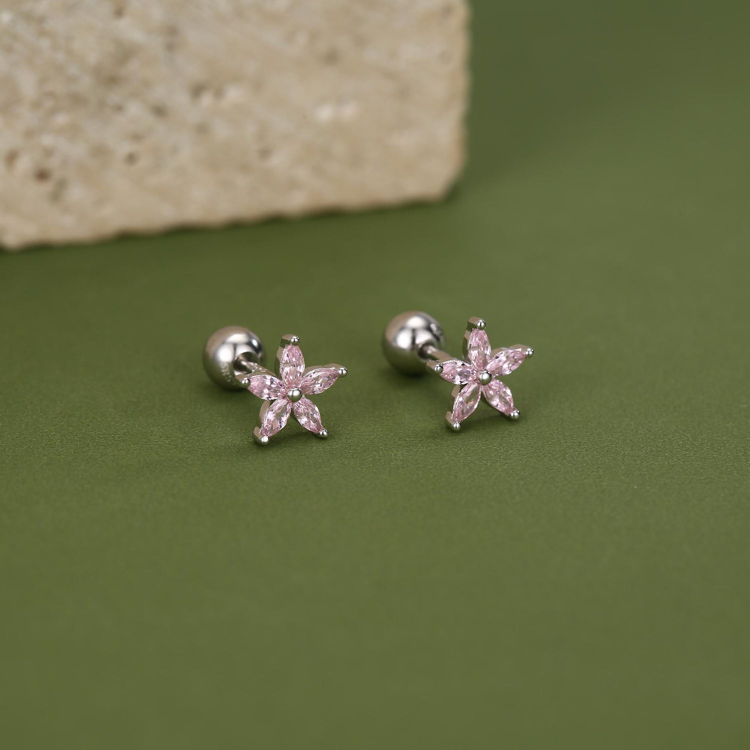 Sterling Silver Tourmaline Pink CZ Flower 18G Screw Back Earrings