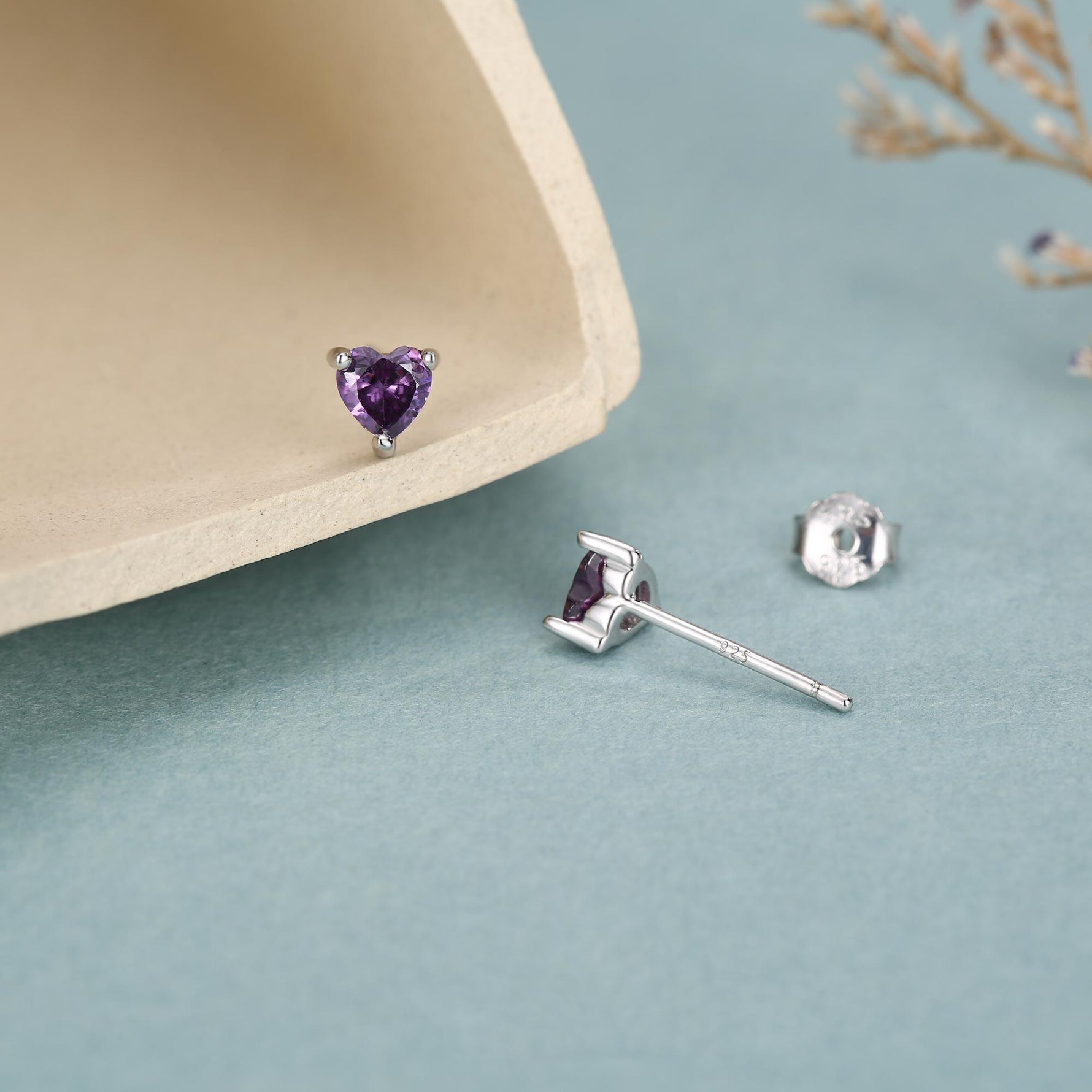 Tiny Amethyst Purple CZ Heart Stud Earrings in Sterling Silver, Silver or Gold, Diamond CZ Crystal Heart Earrings, Stacking Earrings