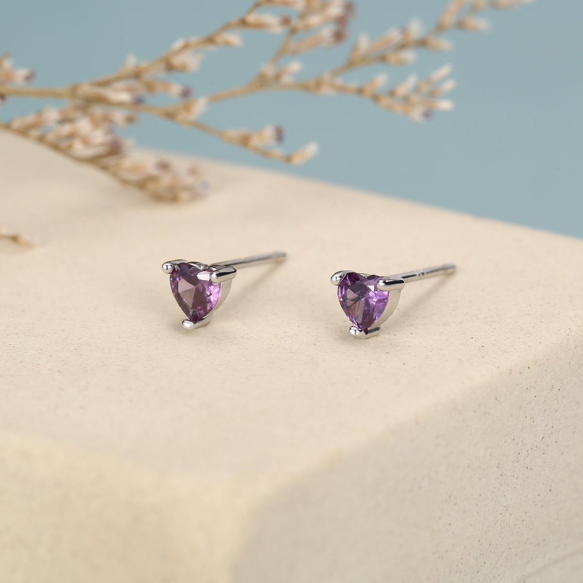 Tiny Amethyst Purple CZ Heart Stud Earrings in Sterling Silver, Silver or Gold, Diamond CZ Crystal Heart Earrings, Stacking Earrings