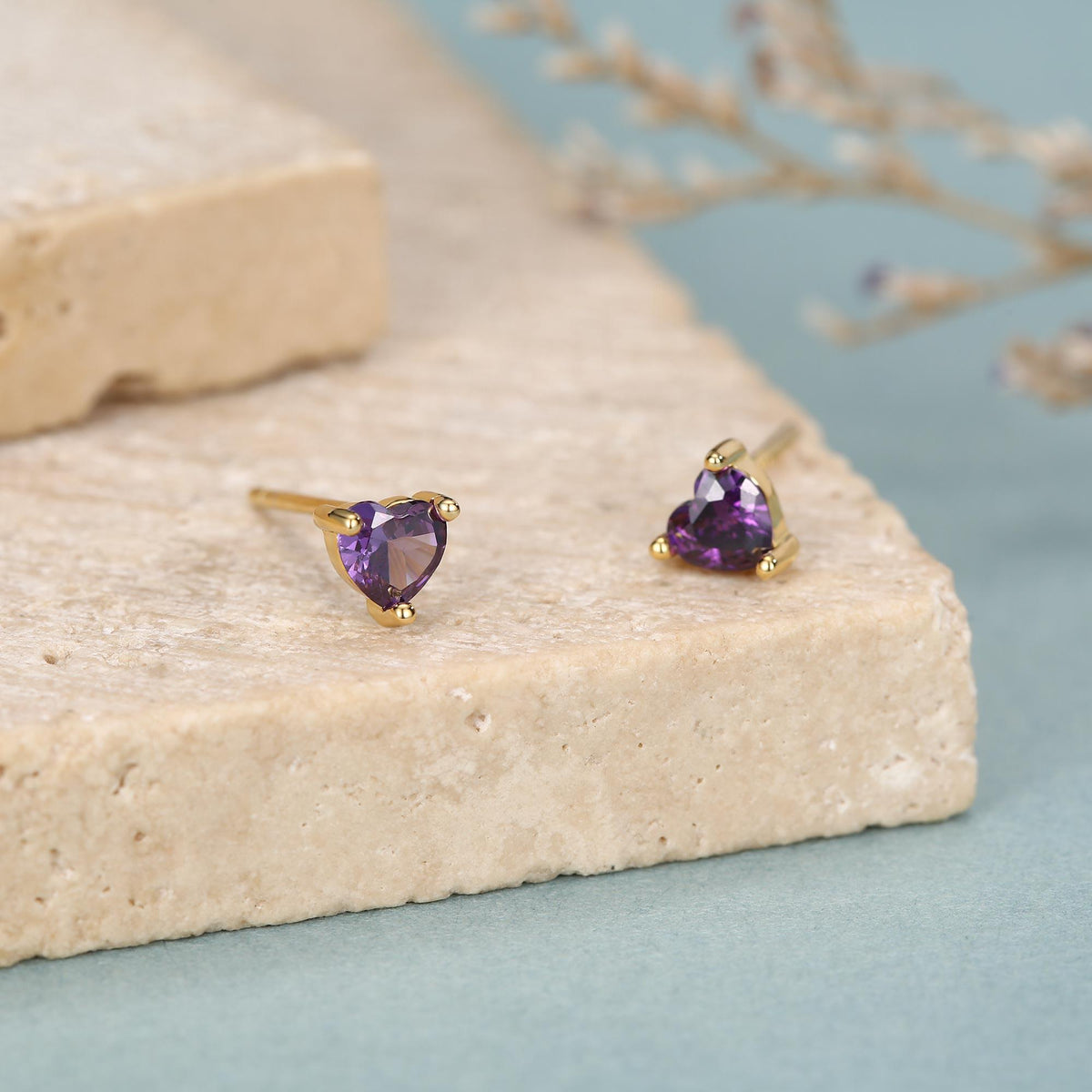 Tiny Amethyst Purple CZ Heart Stud Earrings in Sterling Silver, Silver or Gold, Diamond CZ Crystal Heart Earrings, Stacking Earrings
