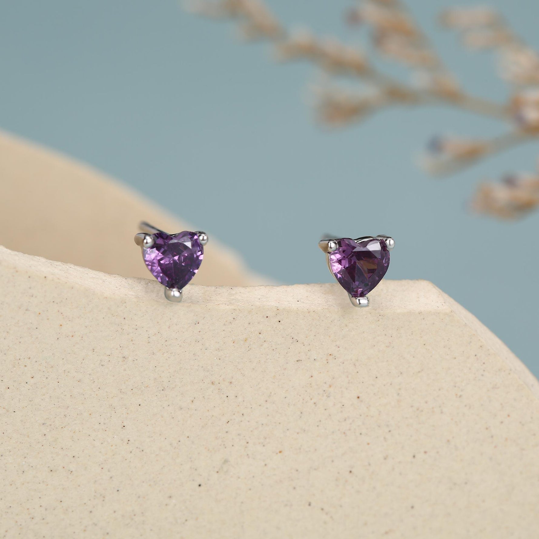 Tiny Amethyst Purple CZ Heart Stud Earrings in Sterling Silver, Silver or Gold, Diamond CZ Crystal Heart Earrings, Stacking Earrings
