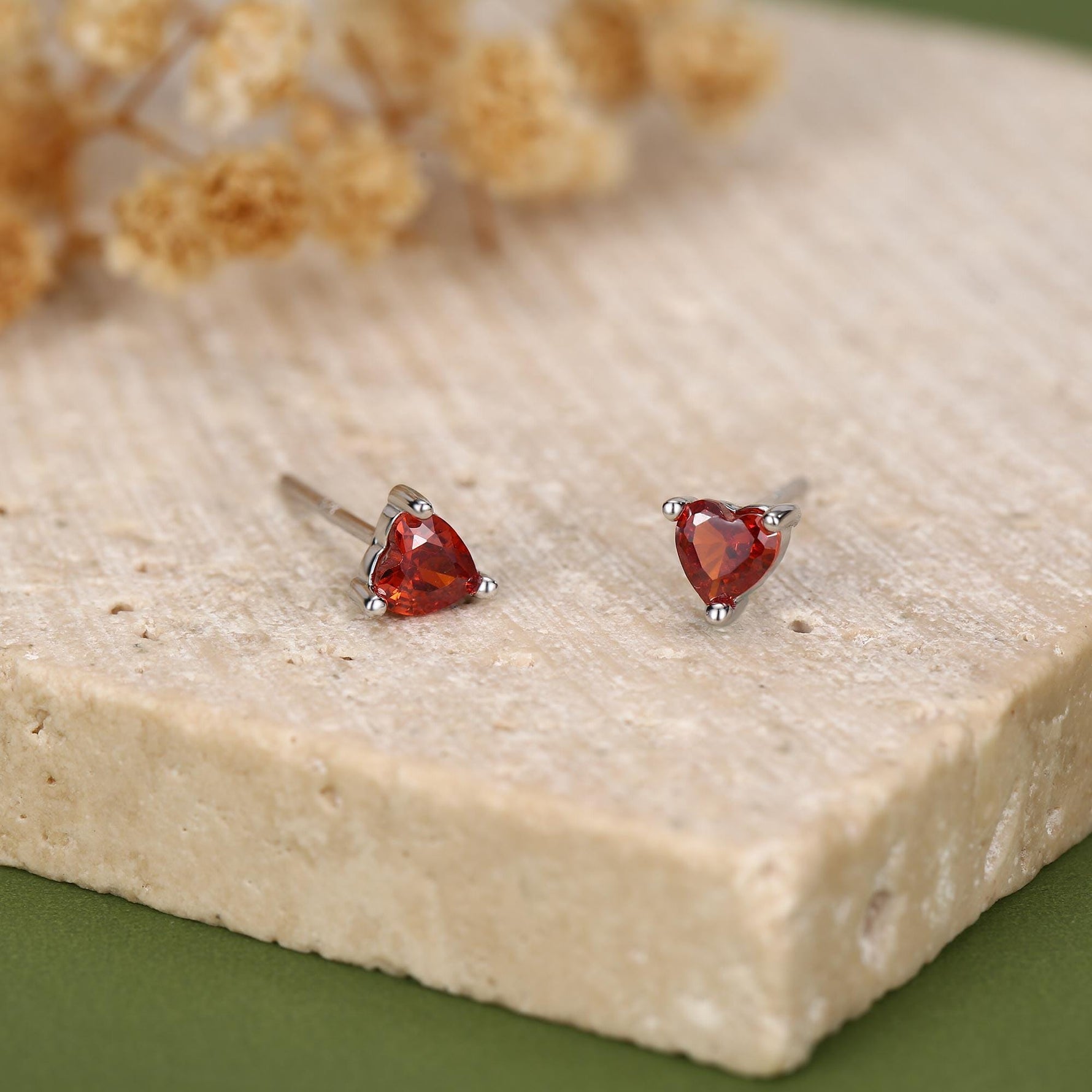Tiny Garnet Red CZ Heart Stud Earrings in Sterling Silver, Silver or Gold, Red Crystal Heart Earrings, Stacking Earrings