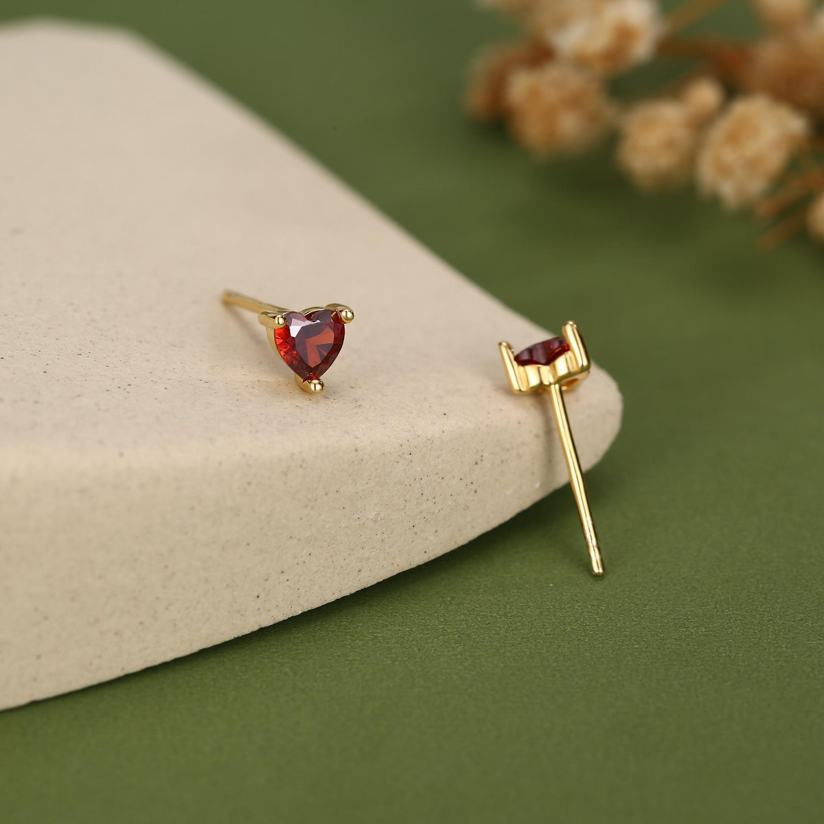 Tiny Garnet Red CZ Heart Stud Earrings in Sterling Silver, Silver or Gold, Red Crystal Heart Earrings, Stacking Earrings