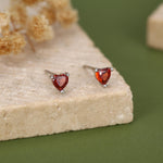 Tiny Garnet Red CZ Heart Stud Earrings in Sterling Silver, Silver or Gold, Red Crystal Heart Earrings, Stacking Earrings