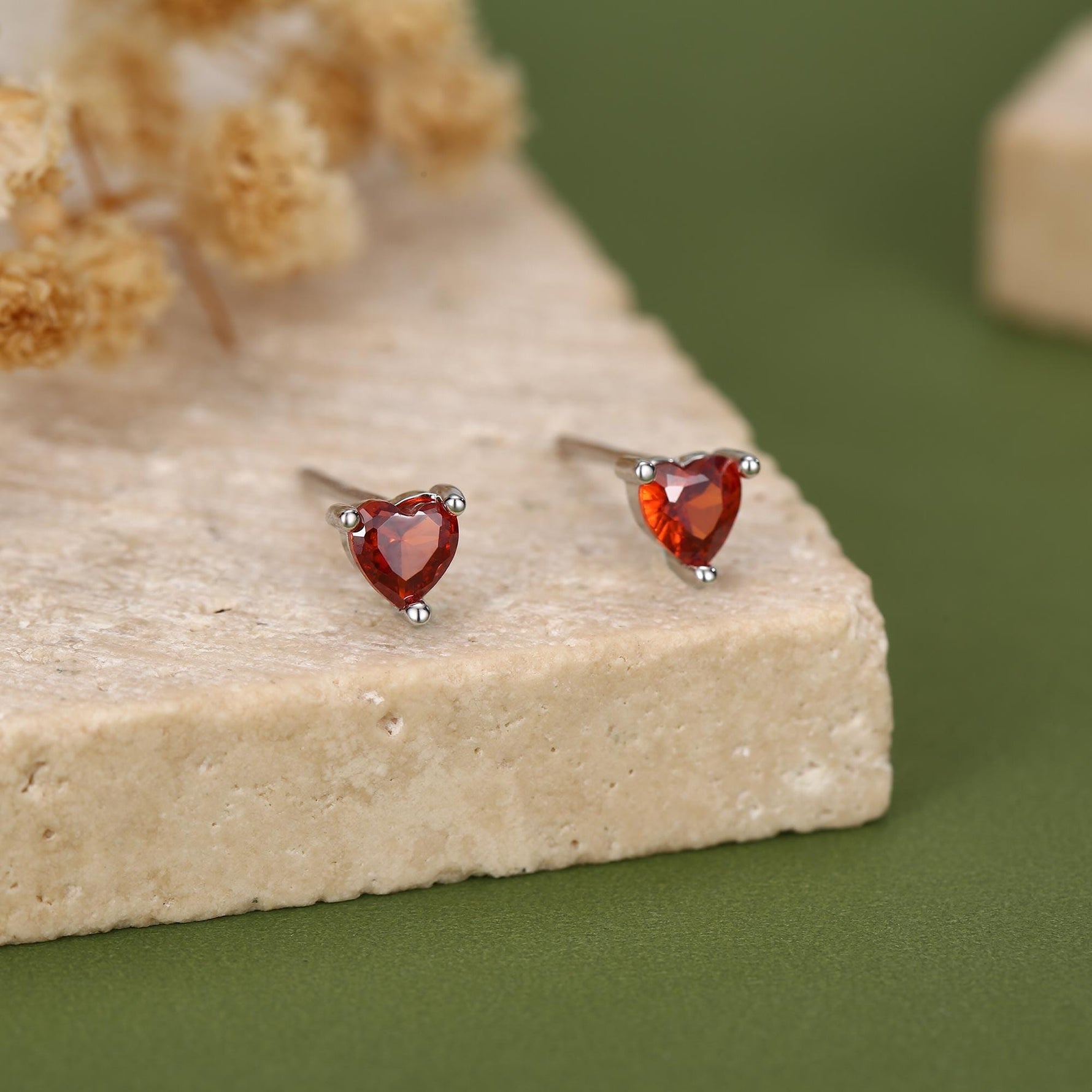 Tiny Garnet Red CZ Heart Stud Earrings in Sterling Silver, Silver or Gold, Red Crystal Heart Earrings, Stacking Earrings