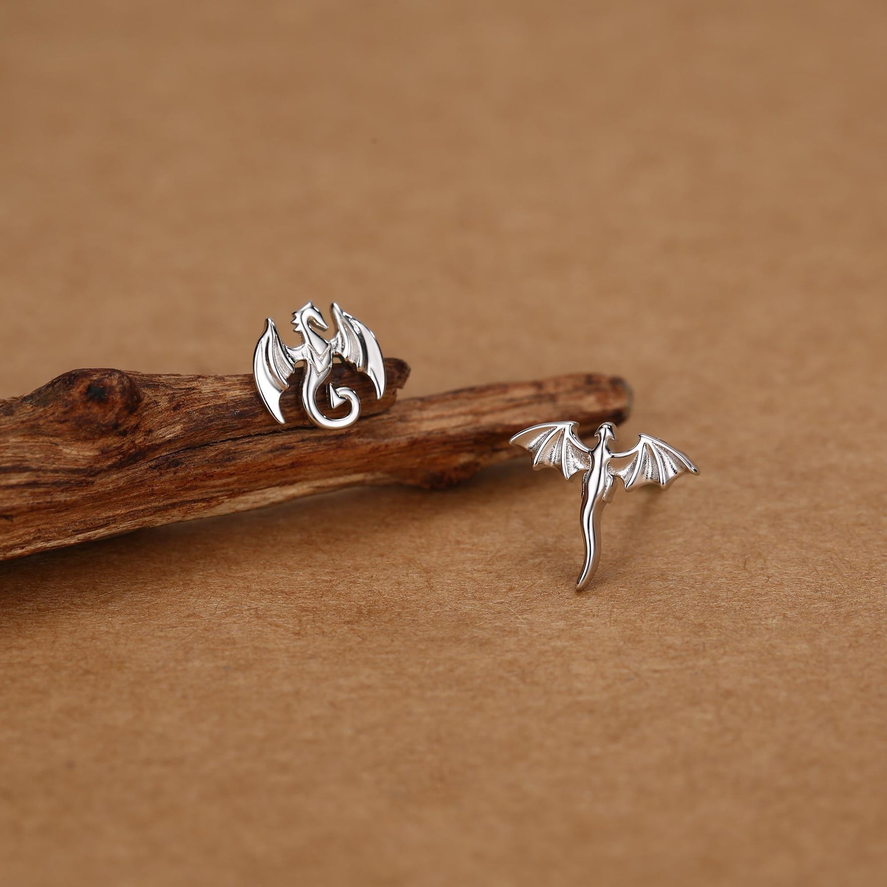 Tiny Mismatched Dragon Stud Earrings in Sterling Silver, Silver, Gold or Rose Gold, Asymmetric Dragon Stud Earrings