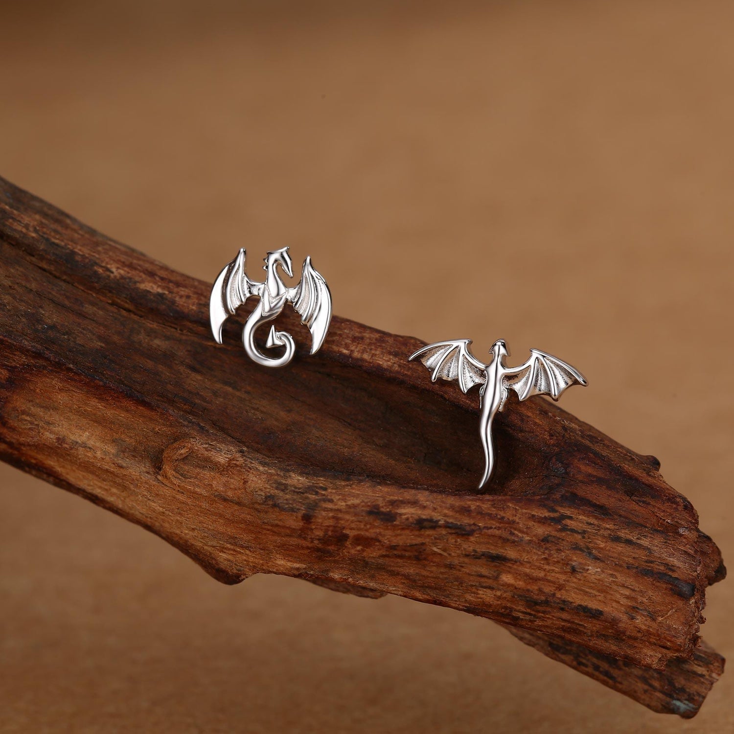Tiny Mismatched Dragon Stud Earrings in Sterling Silver, Silver, Gold or Rose Gold, Asymmetric Dragon Stud Earrings