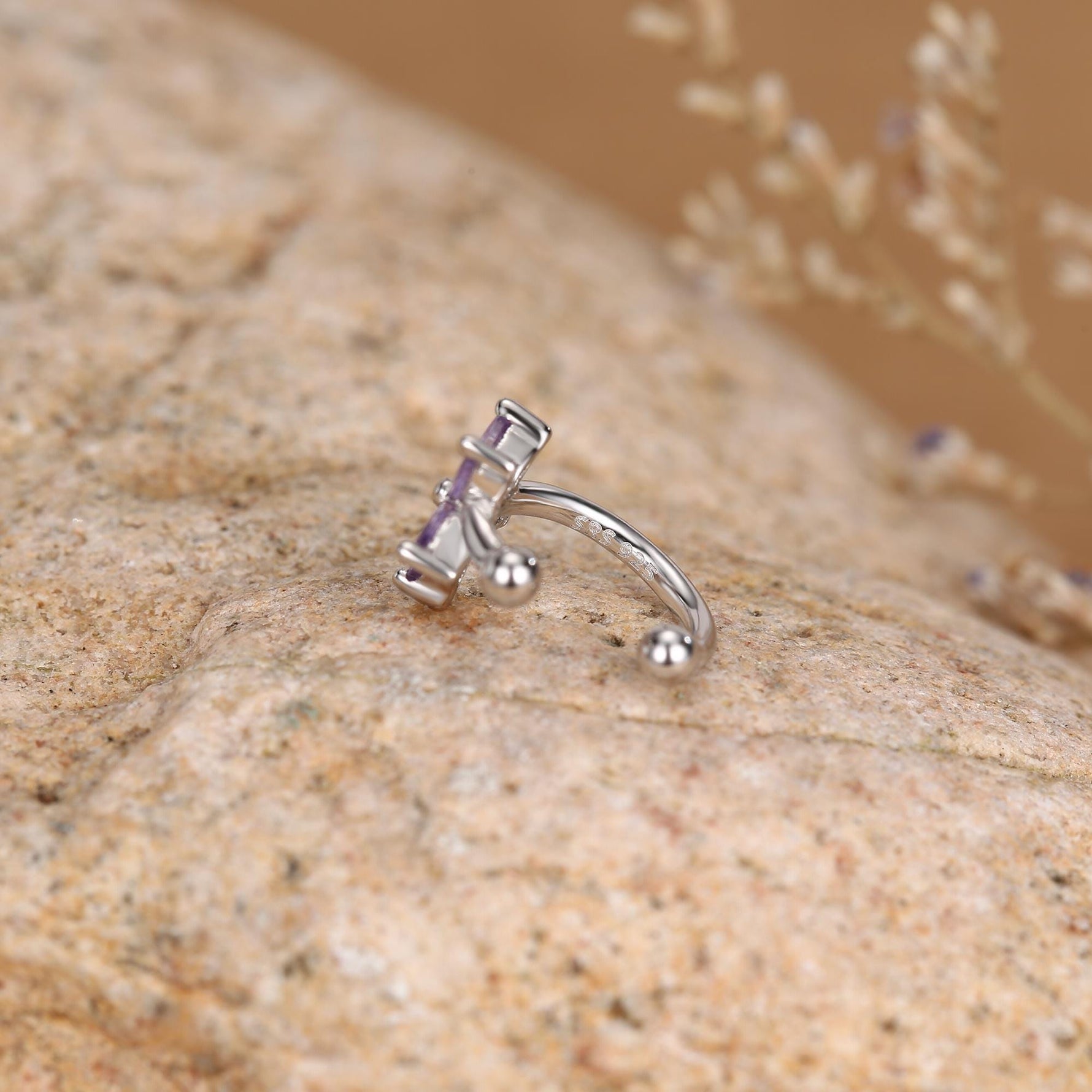 Lilac Purple CZ Flower Ear Cuff in Sterling Silver, Silver or Gold, Simple Piercing Free Earrings, Minimalist Ear Cuff