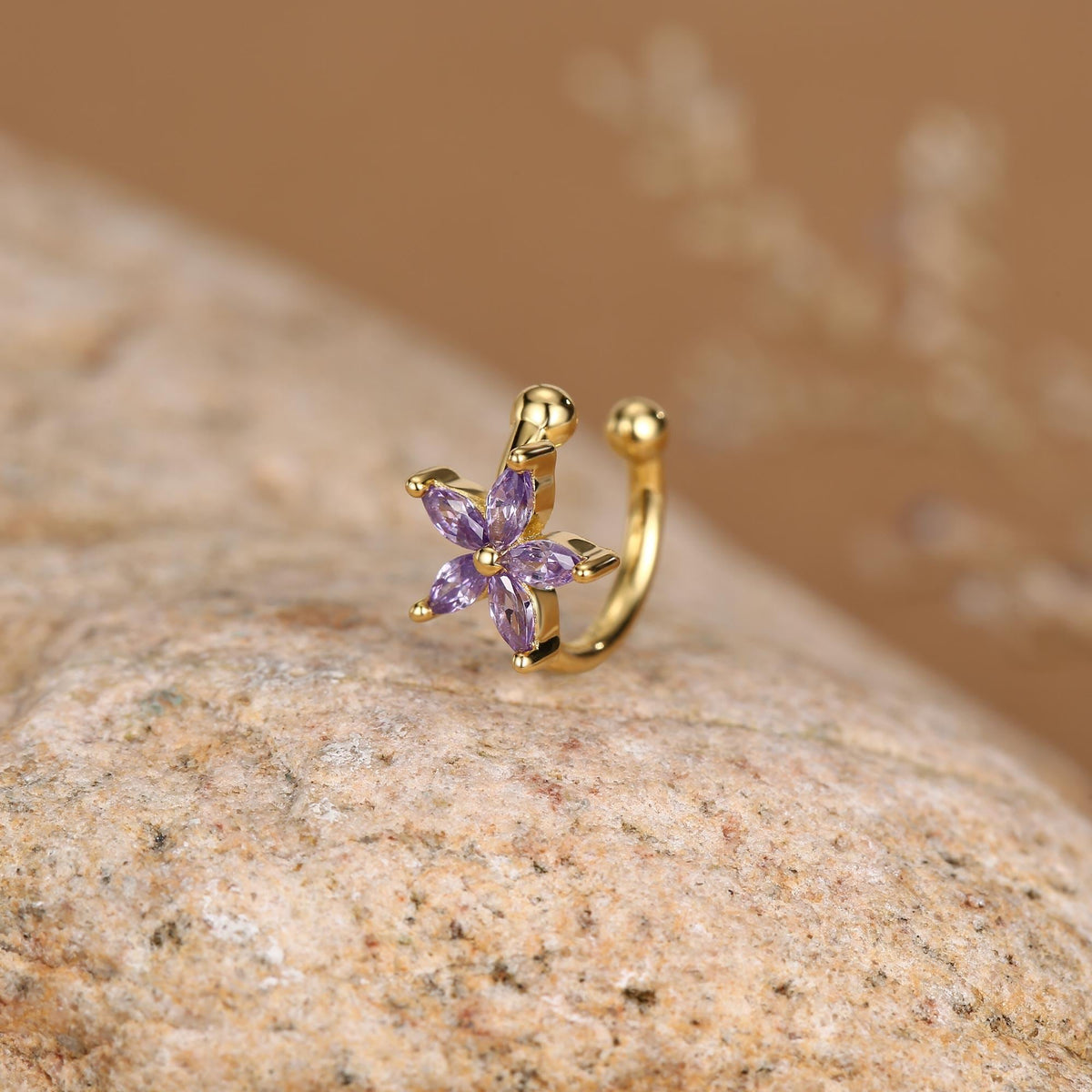 Lilac Purple CZ Flower Ear Cuff in Sterling Silver, Silver or Gold, Simple Piercing Free Earrings, Minimalist Ear Cuff