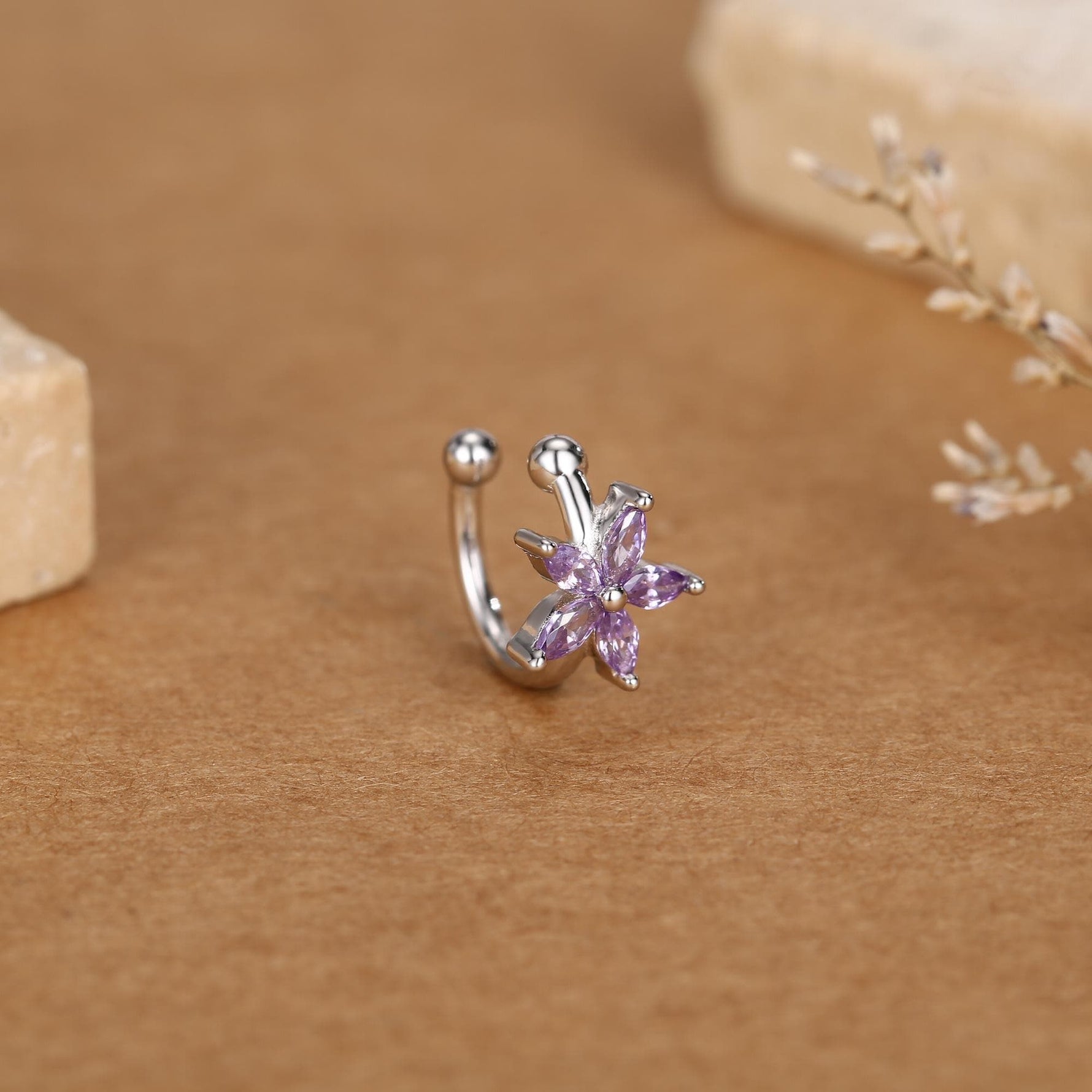 Lilac Purple CZ Flower Ear Cuff in Sterling Silver, Silver or Gold, Simple Piercing Free Earrings, Minimalist Ear Cuff