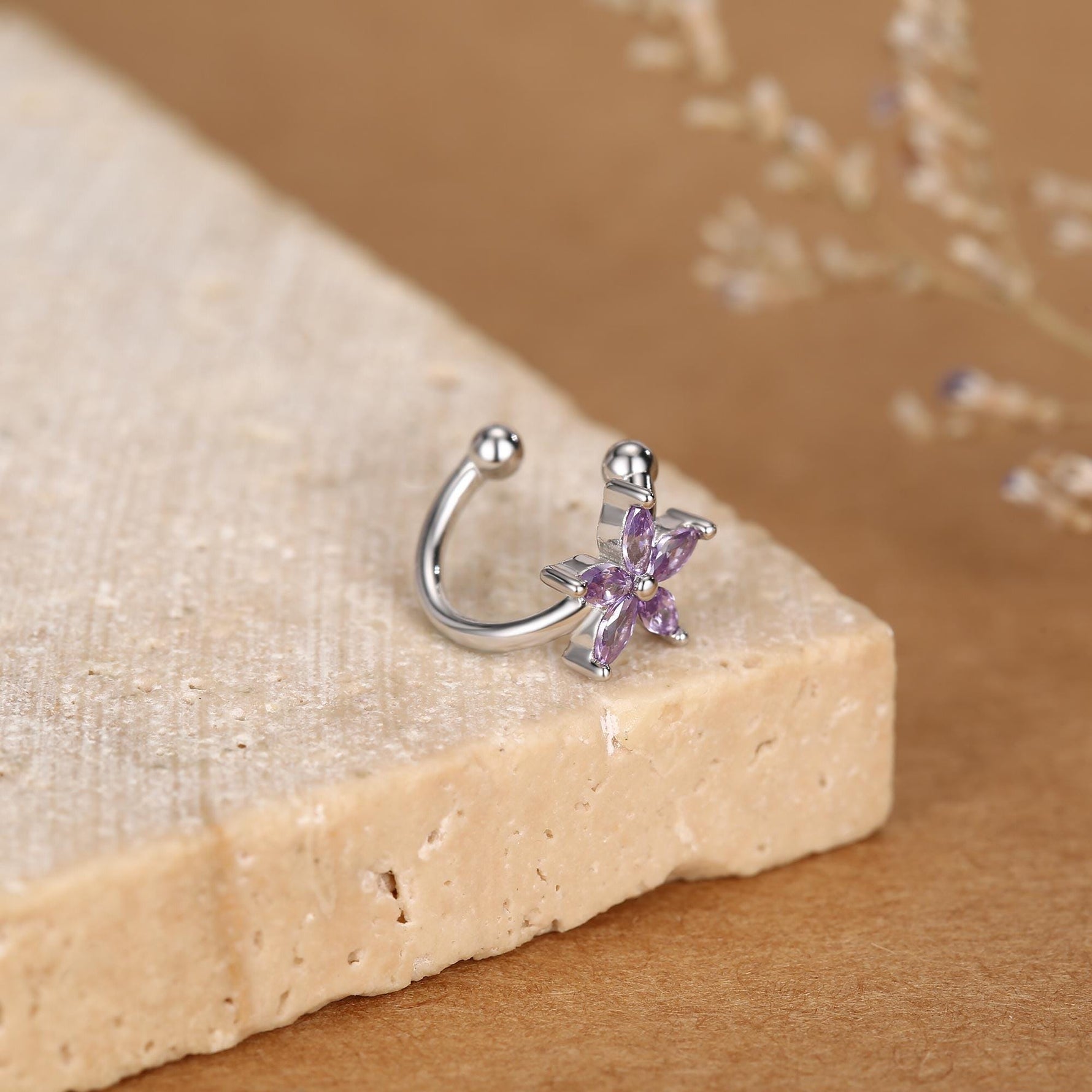 Lilac Purple CZ Flower Ear Cuff in Sterling Silver, Silver or Gold, Simple Piercing Free Earrings, Minimalist Ear Cuff