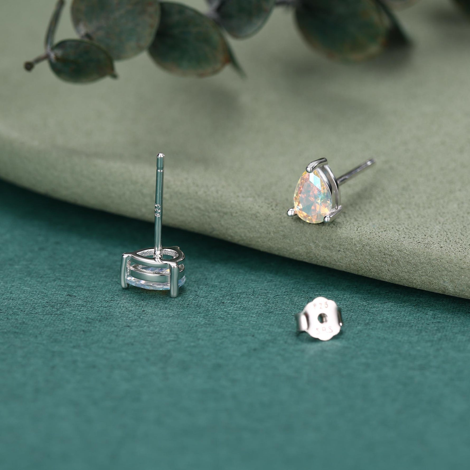 Sterling Silver Aurora AB CZ Droplet Stud Earrings, Pear Cut Aurora Colour Changing CZ Earrings