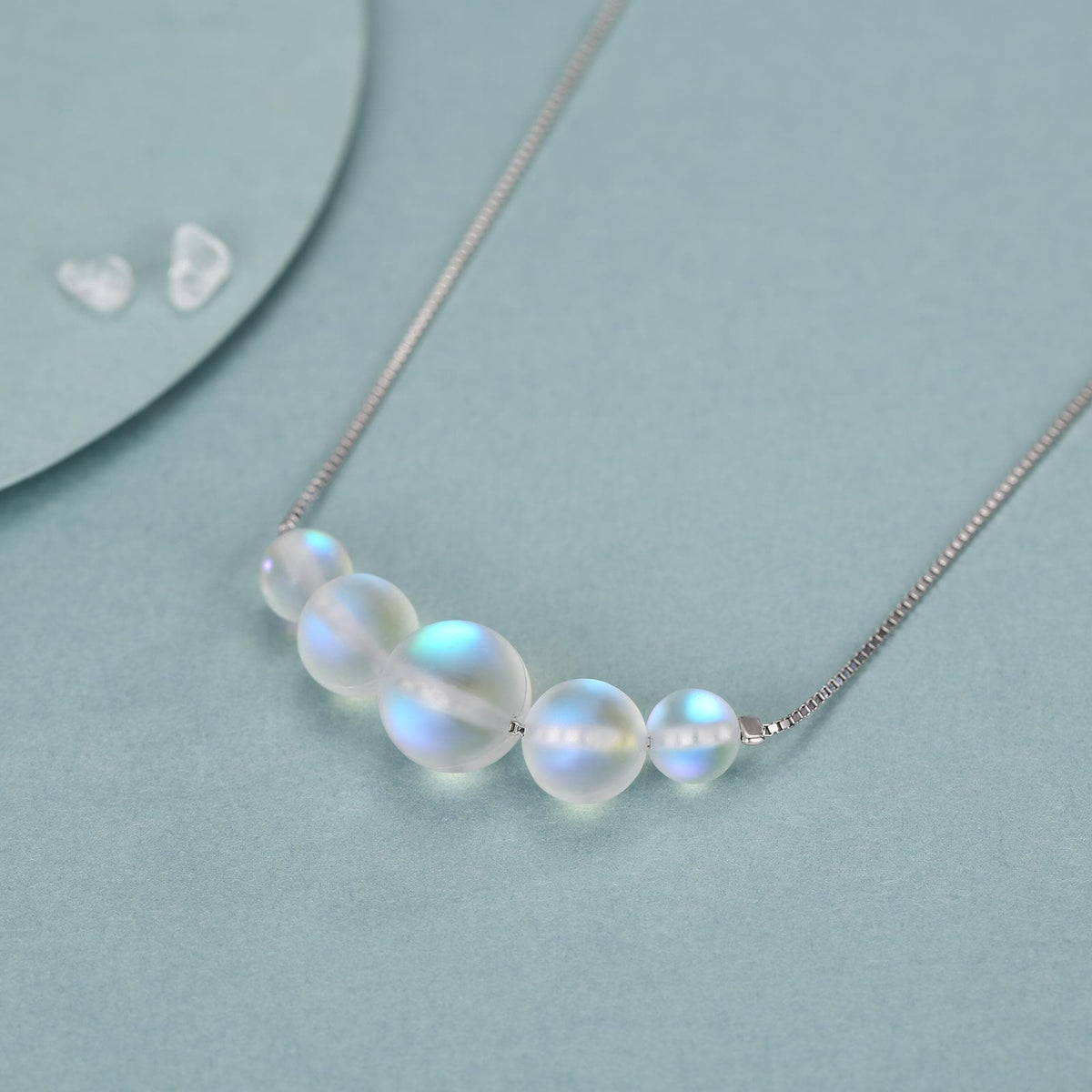 Aurora Crystal Beaded Necklace in Sterling Silver, Northern Lights Necklace with Blue Flash Simulated Moonstone