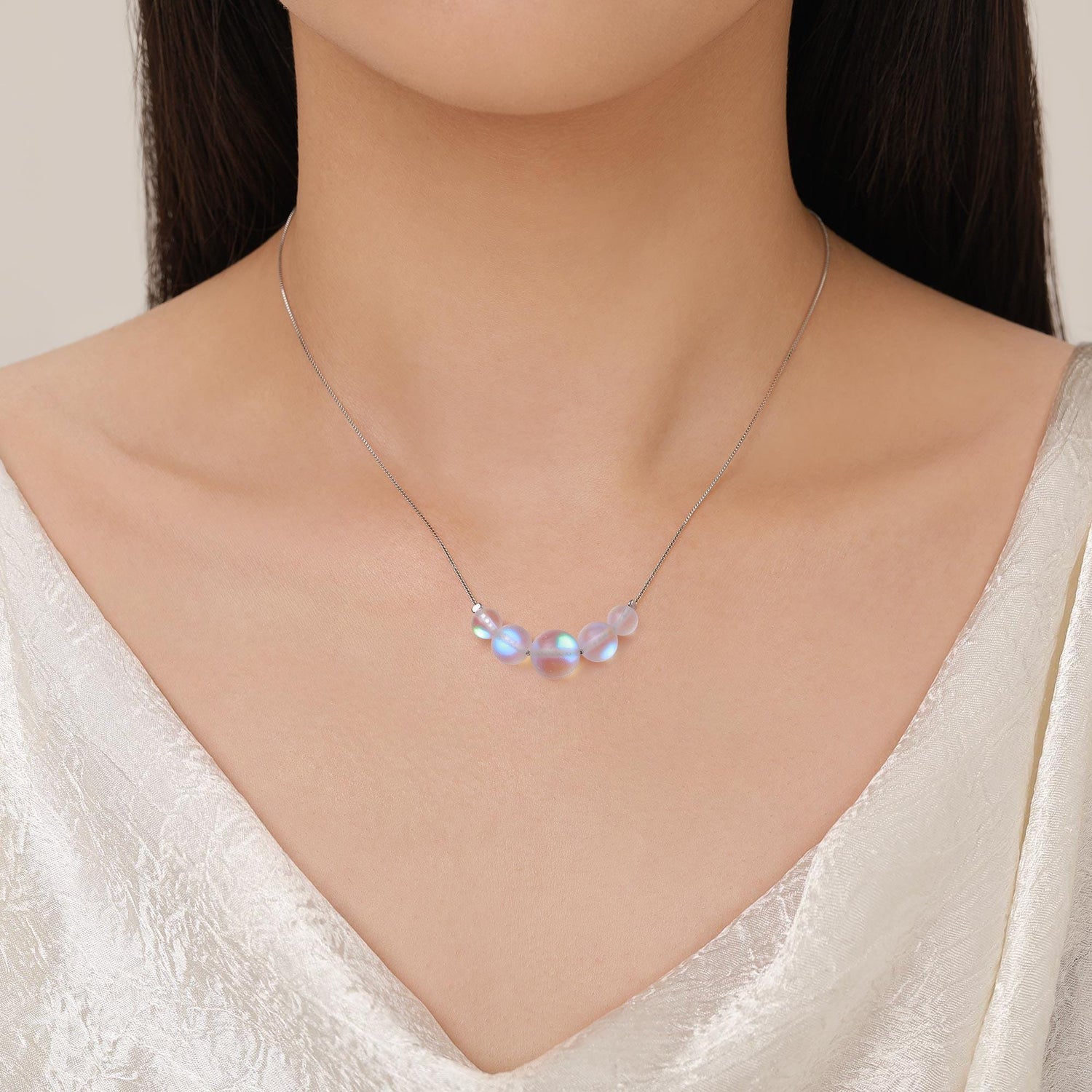 Aurora Crystal Beaded Necklace in Sterling Silver, Northern Lights Necklace with Blue Flash Simulated Moonstone