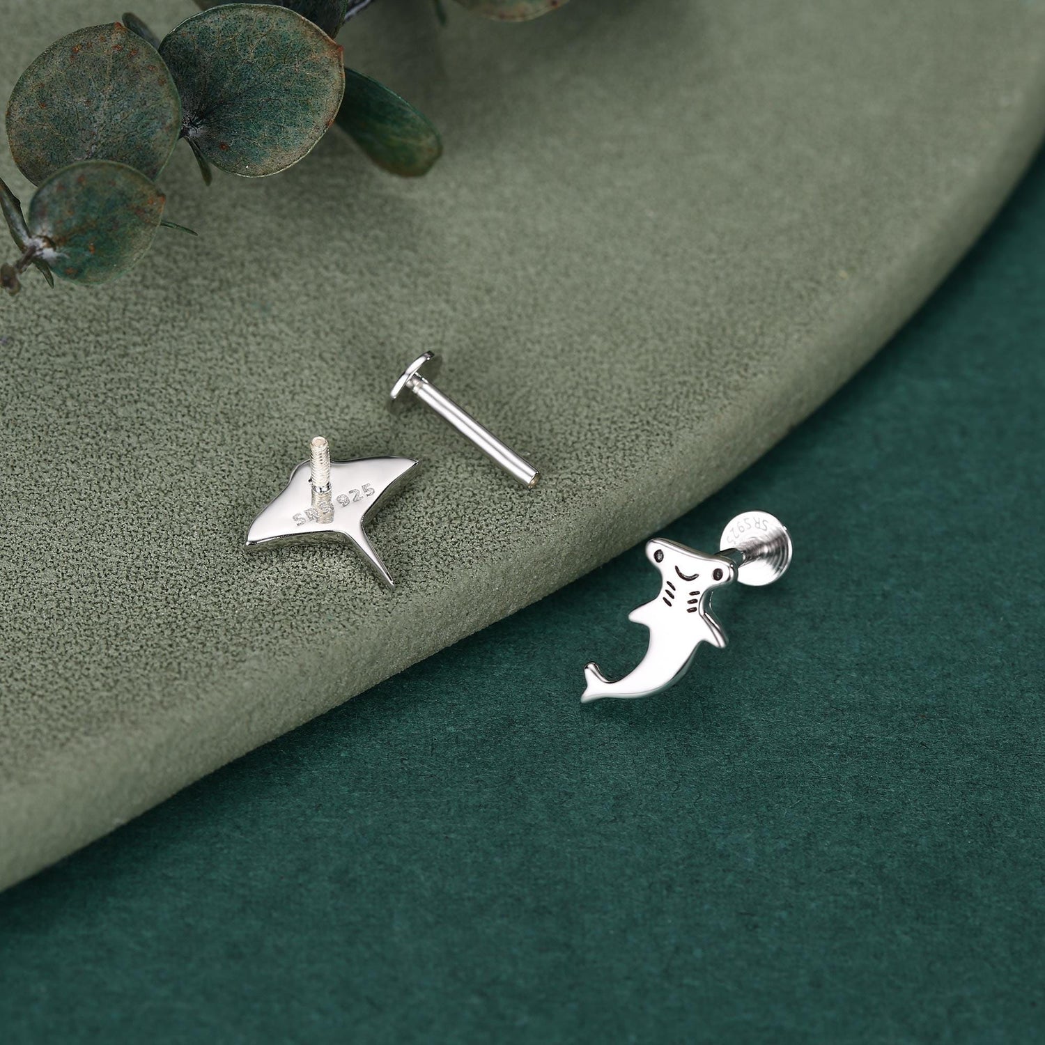 Mismatched Kawaii Hammerhead Shark & Manta Ray 16G Internally Threaded Flat Back Earrings in Sterling Silver, Animal Earrings