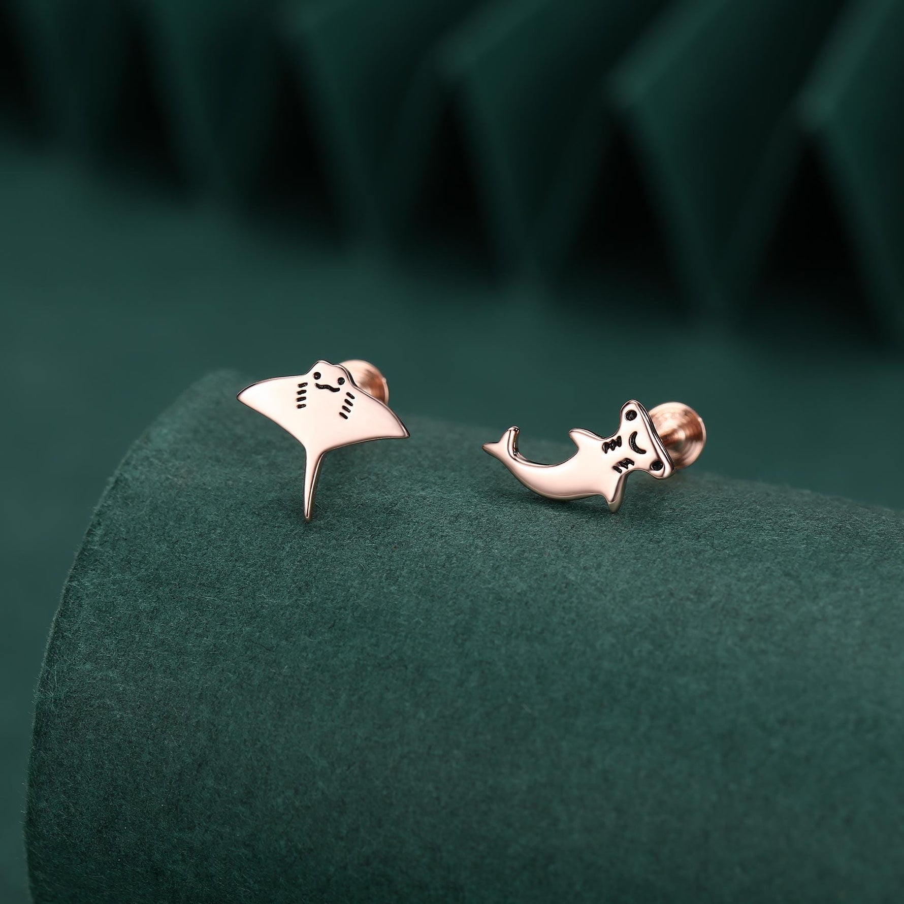Mismatched Kawaii Hammerhead Shark & Manta Ray 16G Internally Threaded Flat Back Earrings in Sterling Silver, Animal Earrings