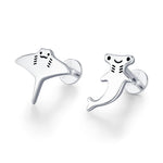 Mismatched Kawaii Hammerhead Shark & Manta Ray 16G Internally Threaded Flat Back Earrings in Sterling Silver, Animal Earrings