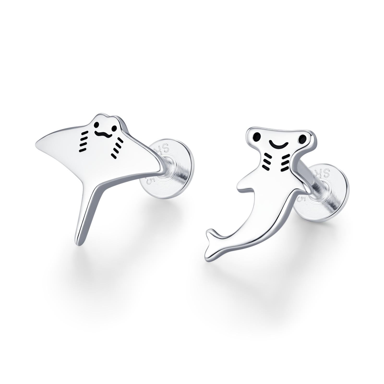Mismatched Kawaii Hammerhead Shark & Manta Ray 16G Internally Threaded Flat Back Earrings in Sterling Silver, Animal Earrings