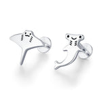 Mismatched Kawaii Hammerhead Shark & Manta Ray 16G Internally Threaded Flat Back Earrings in Sterling Silver, Animal Earrings