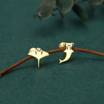 Mismatched Kawaii Hammerhead Shark & Manta Ray 16G Internally Threaded Flat Back Earrings in Sterling Silver, Animal Earrings
