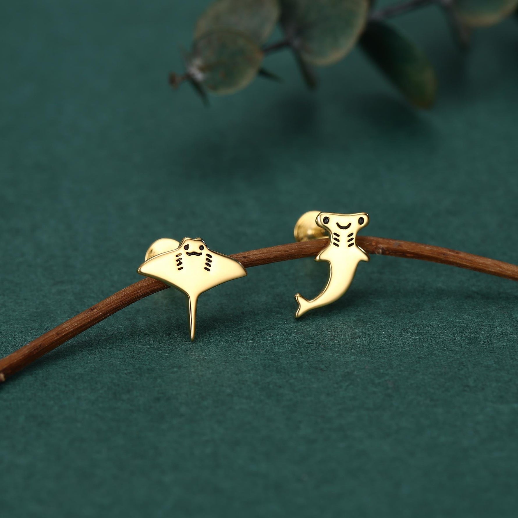 Mismatched Kawaii Hammerhead Shark & Manta Ray 16G Internally Threaded Flat Back Earrings in Sterling Silver, Animal Earrings